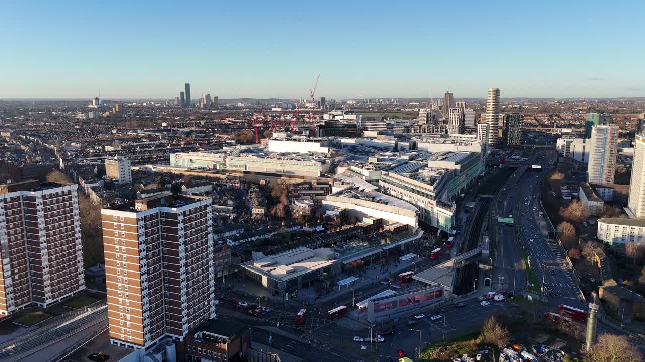 Tower blocks Sheppards Bush London UK Westfields shopping centre drone,aerial push in