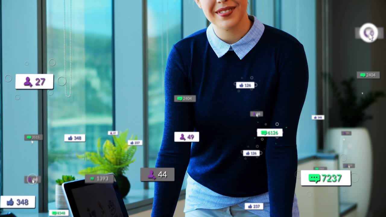 Woman host leaning, smiling, generating social media badges around laptop, driving engagement