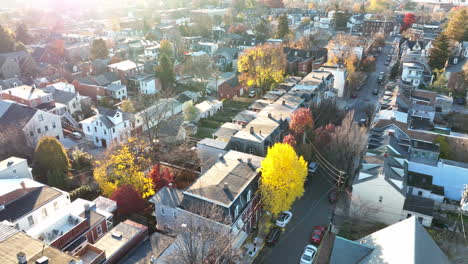 aerial establishing shot of urban city residential housing district