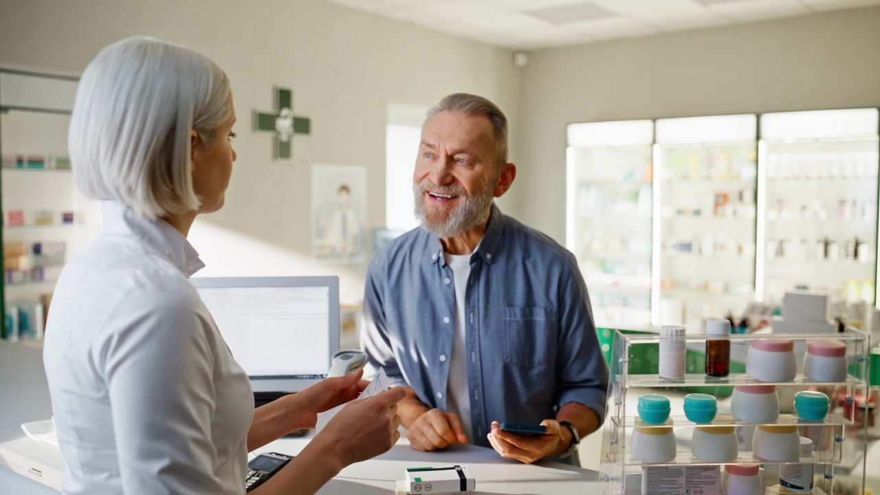 Primo piano di farmacista donna che vende medicine al bancone della cassa della farmacia e aiuta un cliente.