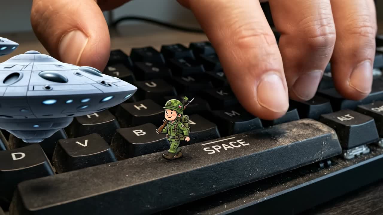 Cartoon Soldier Walks on Keyboard as UFOs Invade