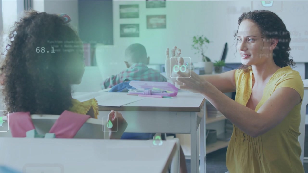 Vertical video: Teacher showing finger gestures, girl mirroring for learning AR data tracking hands