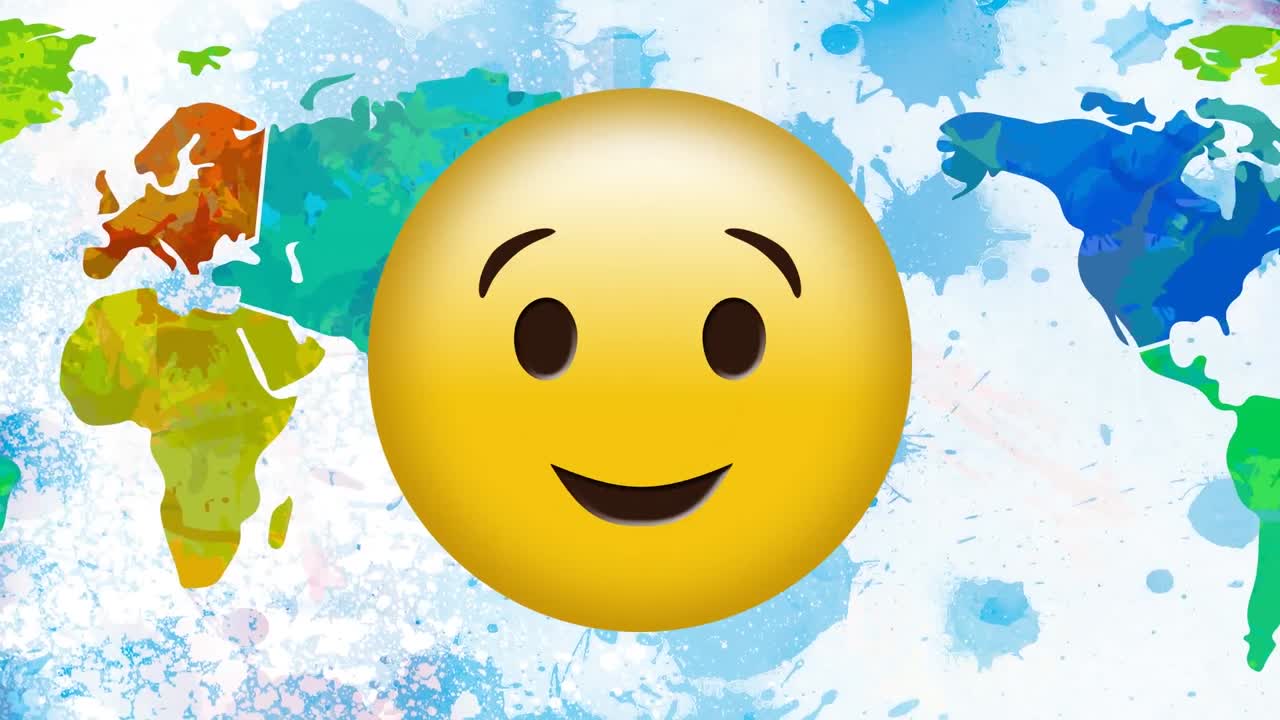 색 배경의 세계 지도 위에 키스 이모티콘의 애니메이션