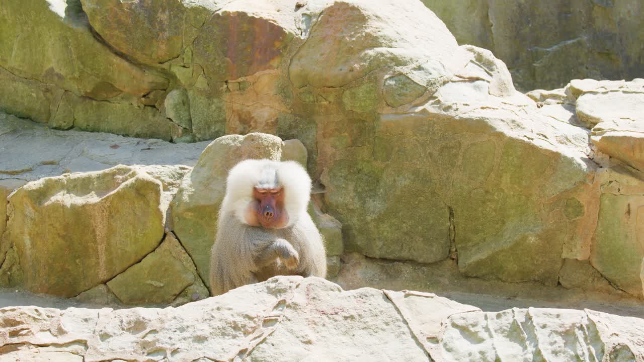 A Hamadryas baboon sits among sunlit rocks, eating food with expressive gestures in a naturalistic zoo enclosure. Static camera, bright daylight