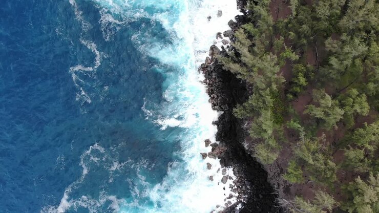Viaggio con drone che riprende dall'alto la costa di un'eruzione vulcanica alle Hawaii con onde che si infrangono su spiagge di roccia lavica nera.