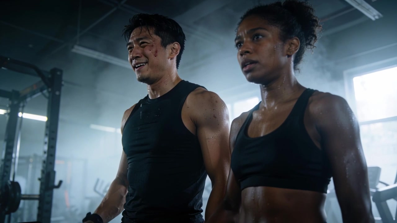 Workout partners signaling count then catching breath in gym by rack after set, wearing black gear
