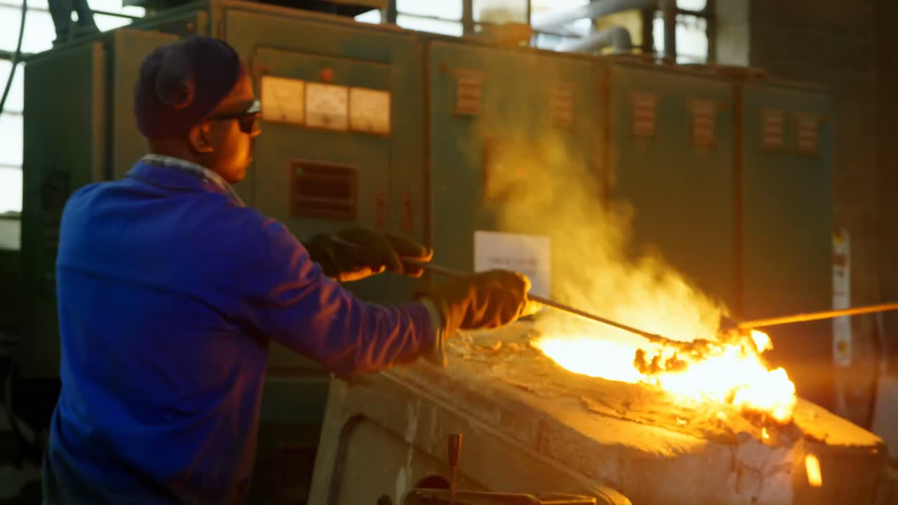 작업장 4k에서 오븐에서 금속을 제거하는 노동자