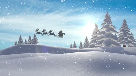 Snow-falling-over-santa-claus-in-sleigh-being-pulled-by-reindeers-against-winter-landscape