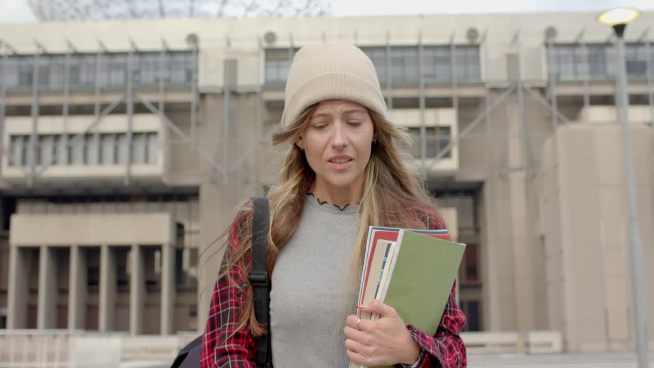 Kopulovitá skvrna, studentka na náměstí zvedá šanony a upravuje popruh, připravuje se ke vstupu do budovy