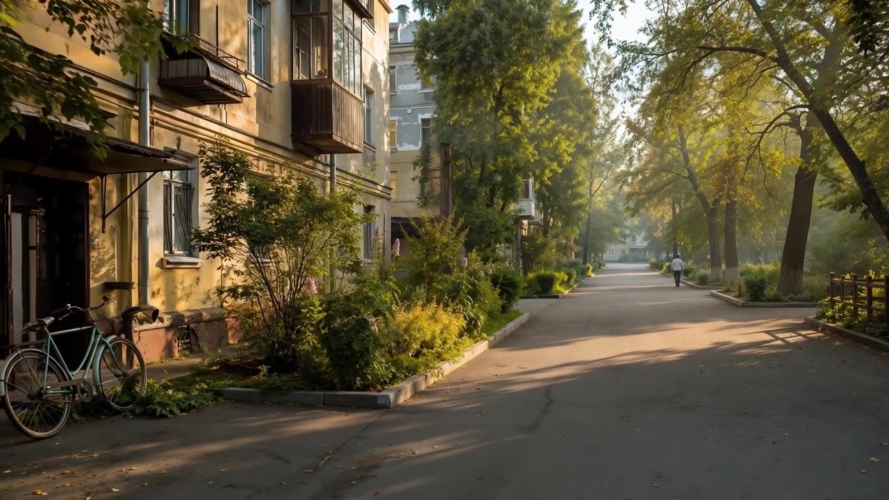Quiet city courtyard with lush green trees and a parked bicycle in morning sunlight