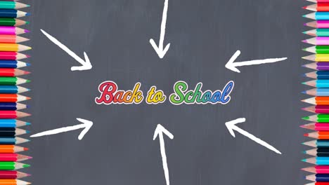 multiple arrows over back to school text and colored pencils against grey background