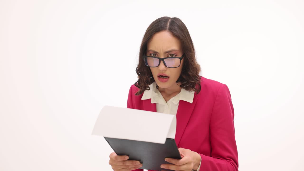 Shocked businesswoman reading documents