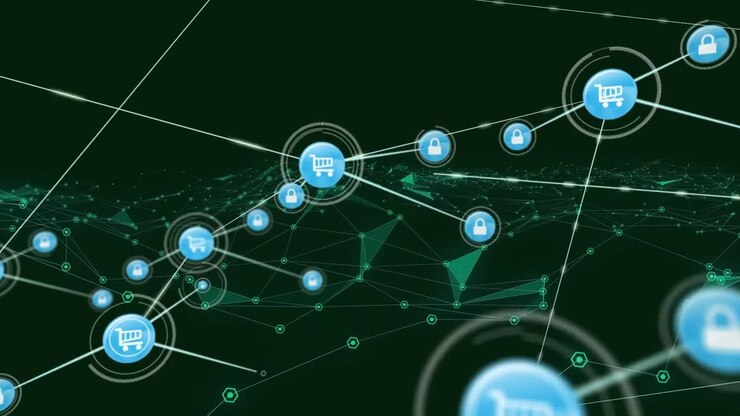 Animation of network of connections with icons over blue connections
