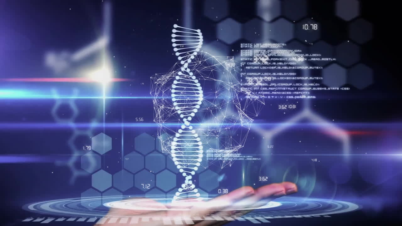 DNA strand and scientific data processing animation over hand and hexagonal patterns