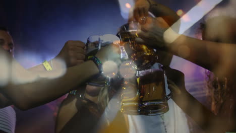 friends raising beer mugs in hospitality ad, showing animated confetti and neon light streaks