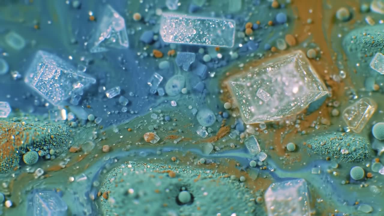 Colorful Swirling Patterns of Liquid With Bubbles and Crystals in Macro View