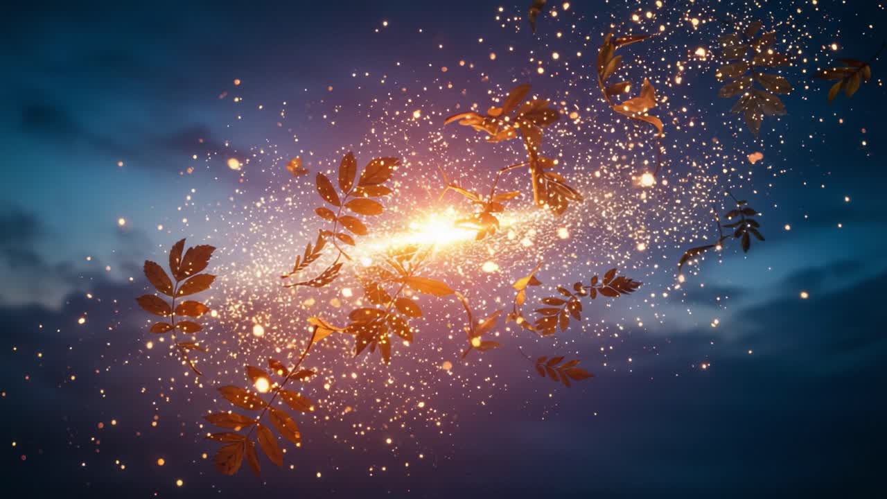 A Whimsical Journey Through Cosmic Leaves: Exploring a Mystical Blend of Light, Nature, and Sparkling Stardust in a Dreamy Atmosphere