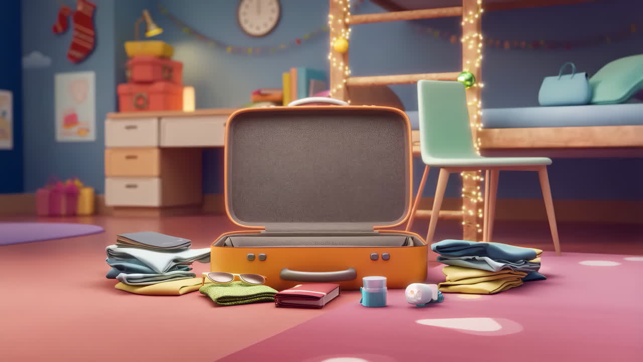 Packing a suitcase with clothes and travel essentials in a festive bedroom, showing the process of organizing for a trip