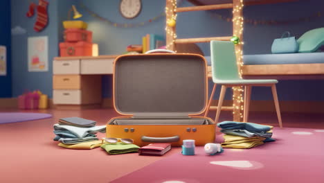 packing a suitcase with clothes and travel essentials in a festive bedroom, showing the process of organizing for a trip