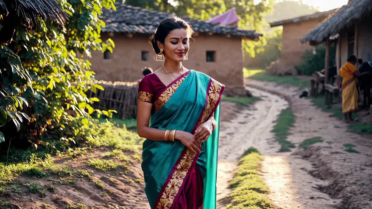 Indian Woman in Sari in a Village Setting