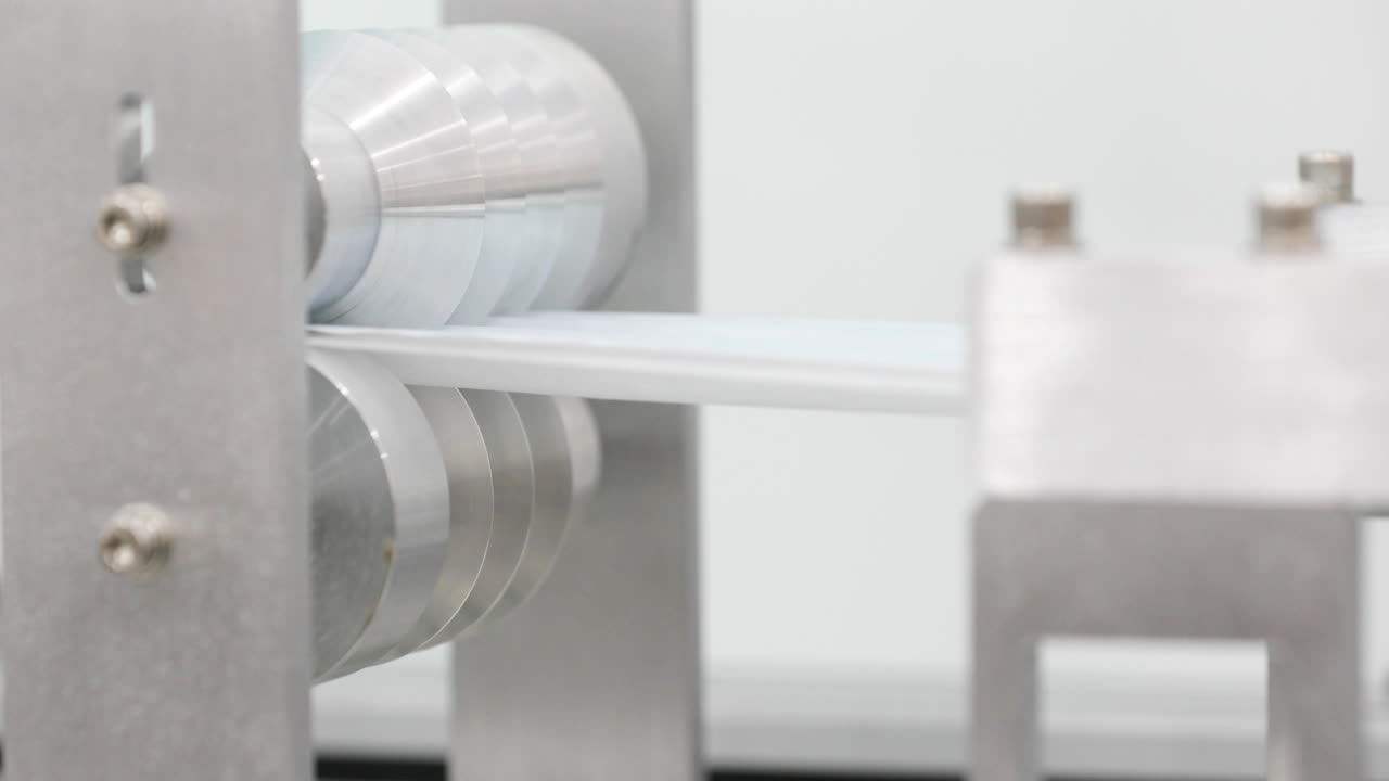 máquina automática que hace pliegues en tiras de tela para máscaras desechables - fábrica de fabricación - primer plano, disparo de enfoque selectivo