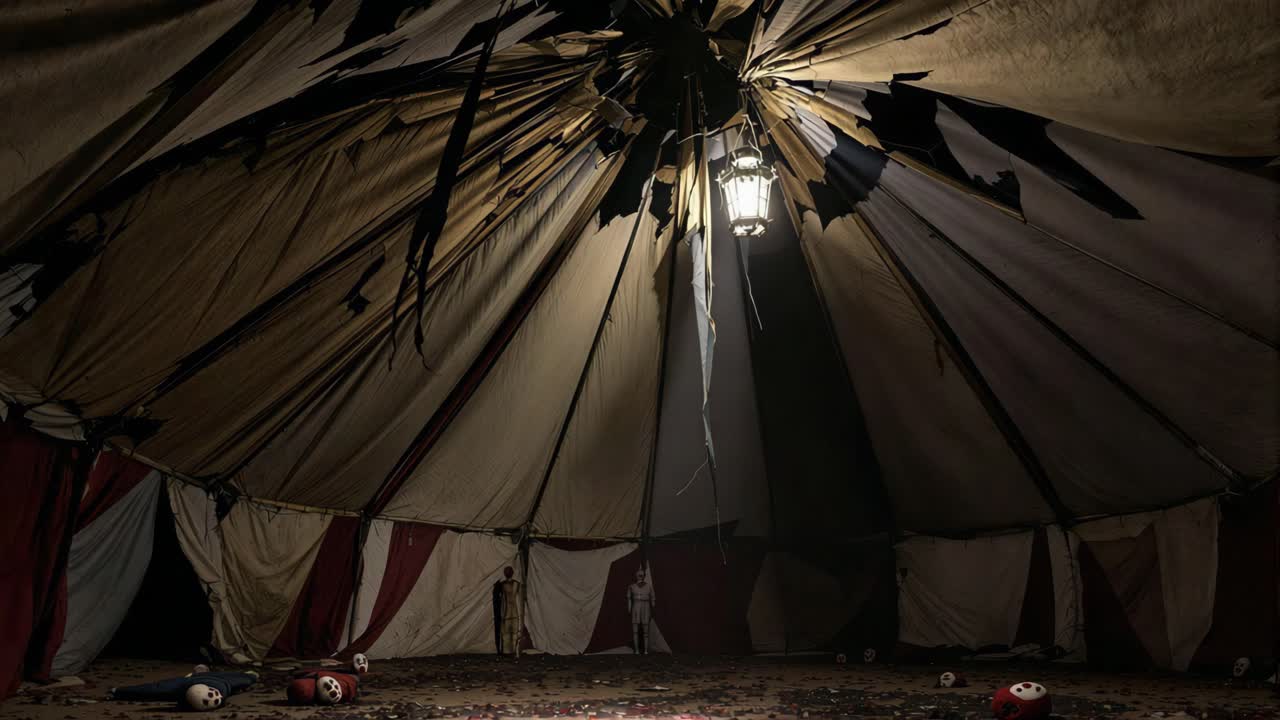 Eerie Abandoned Circus Tent with Lone Lantern and Spooky Figures