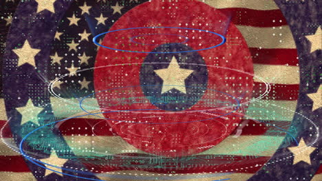 multiple round scanners over multiple stars on spinning circles against waving us flag