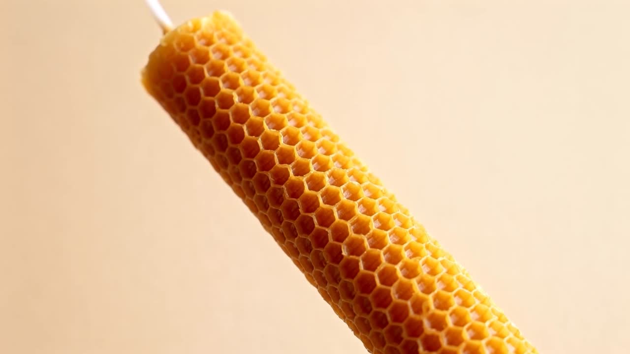 Shifting rolled beeswax candle revealing hexagon texture on warm beige backdrop with soft light
