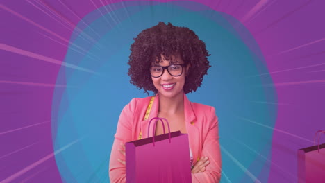 animación de una mujer con bolso de mano sobre fondo rosa