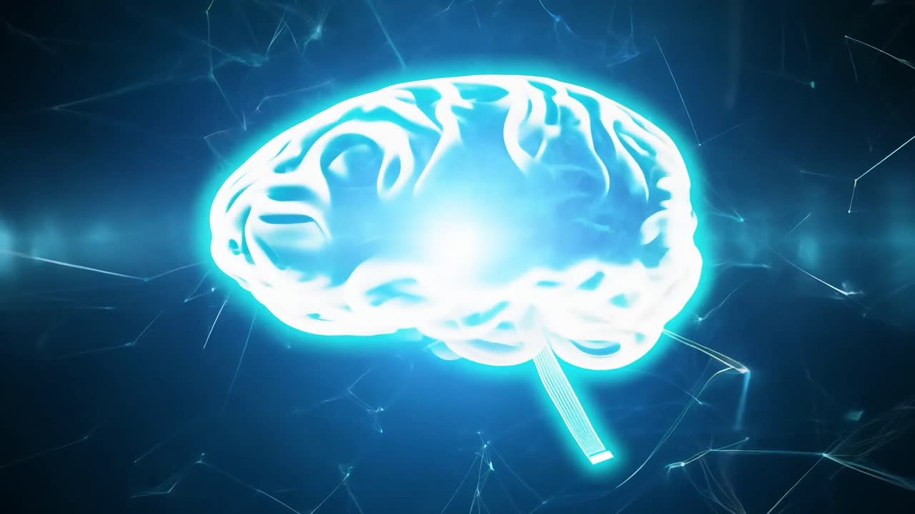 빛나는 인간의 뇌는 파란색 배경에서 회전하여 해부학과 지능과 관련된 연결과 선을 보여줍니다.