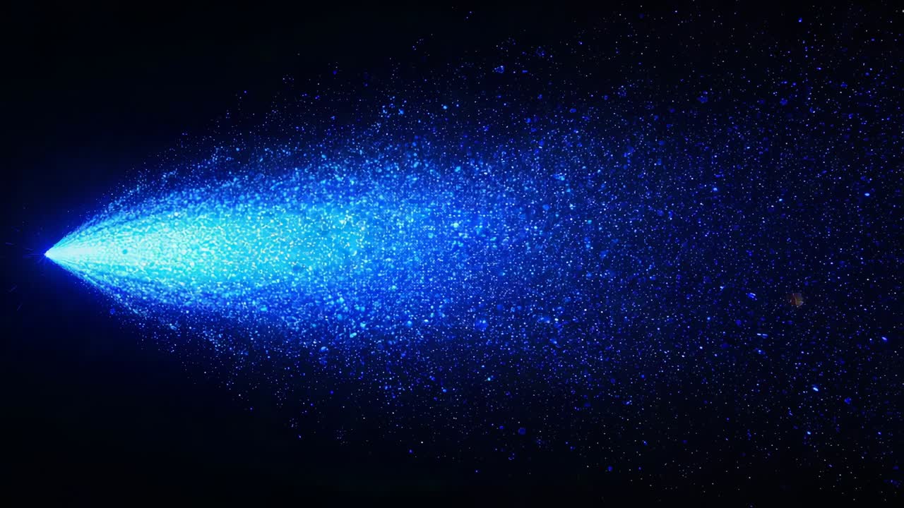 Pulserende blauwe emitter die een taps toelopende deeltjeskegel projecteert over een donkere studiocompositie om de gloed te benadrukken