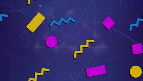 animación de formas coloridas sobre luces y red de conexiones sobre fondo azul