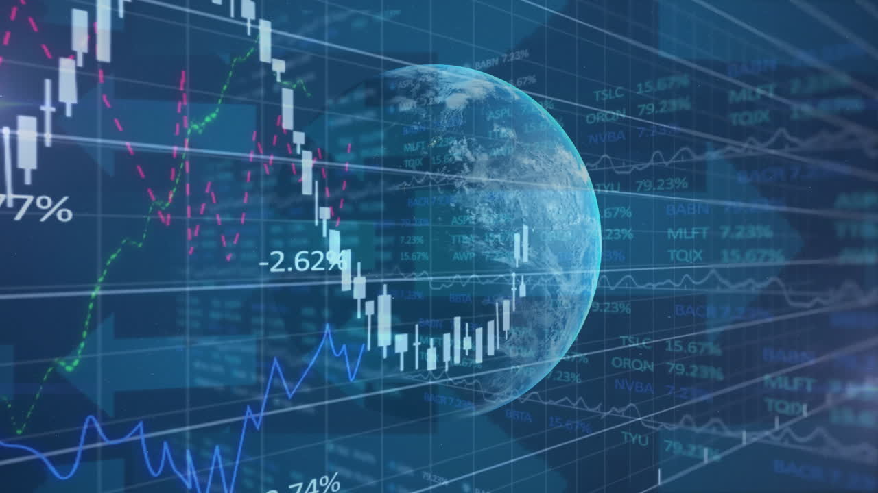 Overlaying digital globe with animation, financial data charts in blue tones