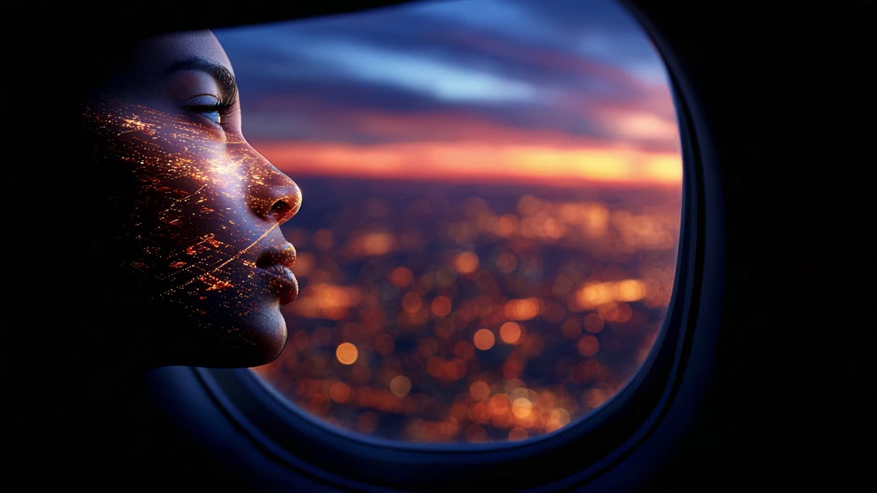 A Dreamlike Reflection: A Woman's Profile Illuminated with City Lights Against a Serene Sunset from an Airplane Window, Capturing the Essence of Travel and Wonder