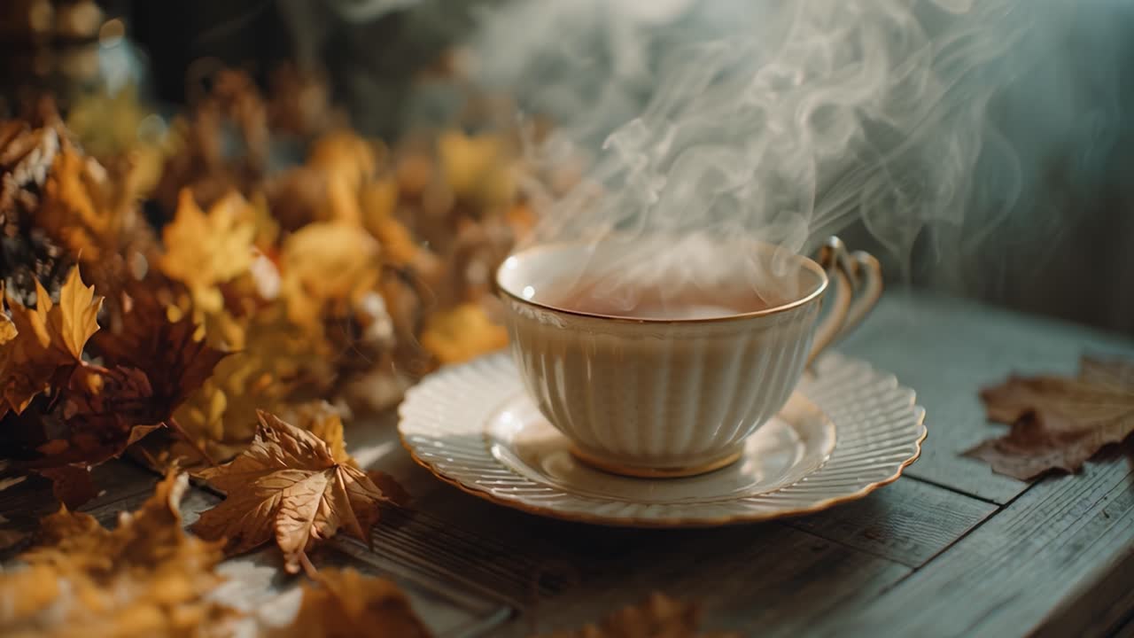 A Serene Cup of Hot Beverage Surrounded by Autumn Leaves, Capturing the Essence of Fall and Cozy Moments with Steam Rising Gracefully