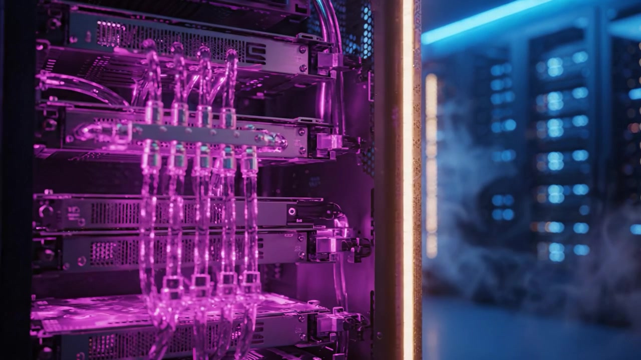 Advanced Server Rack in a Modern Data Center Surrounded by Glowing Lights and Fog, Highlighting Cutting-Edge Technology for High-Performance Computing Solutions