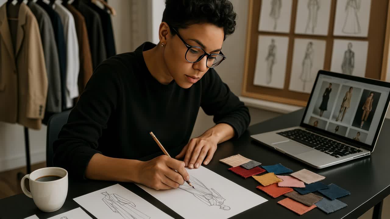 Overhead shot of a fashion designer sketching at a desk with fabric swatches and a laptop displaying