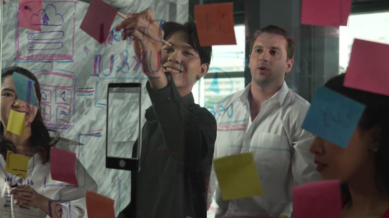 equipo de negocios de lluvia de ideas de marketing mediante el uso de notas adhesivas. manipulador.