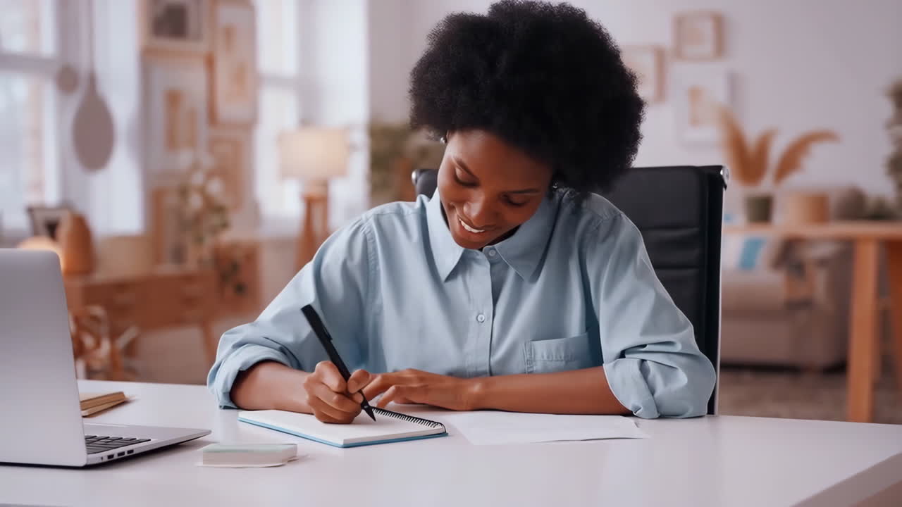 Woman writing in a notebook at her desk