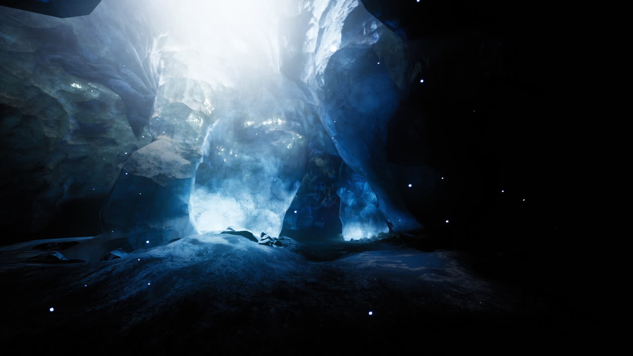 Exploration of a mystical cave illuminated by ethereal blue light