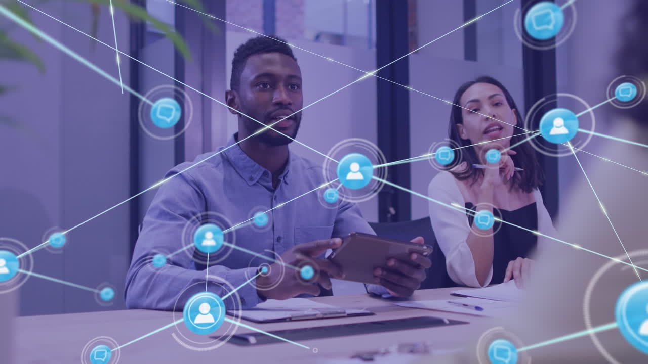 Animation of network of connections over diverse businesspeople in office