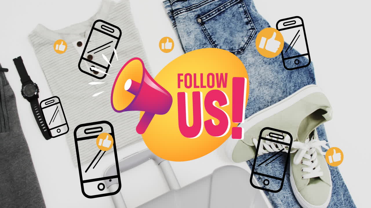 animación de texto de seguirnos con iconos de teléfonos inteligentes sobre maleta y ropa sobre fondo blanco.