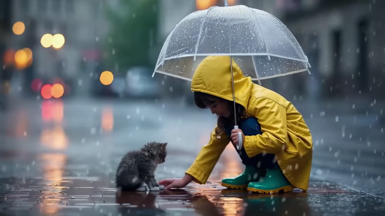 Low-angle video still of a child in a yellow raincoat reaching for a kitten under an umbrella