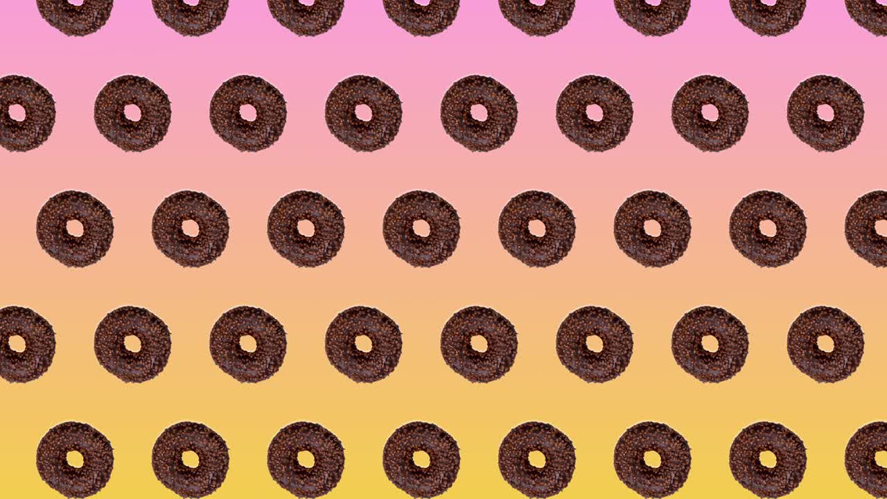 animación abstractamente colorida - rosquillas con chocolate se mueven hacia arriba en círculo diagonalmente en fondo de gradiente rosa-amarillo - bucle sin costuras.