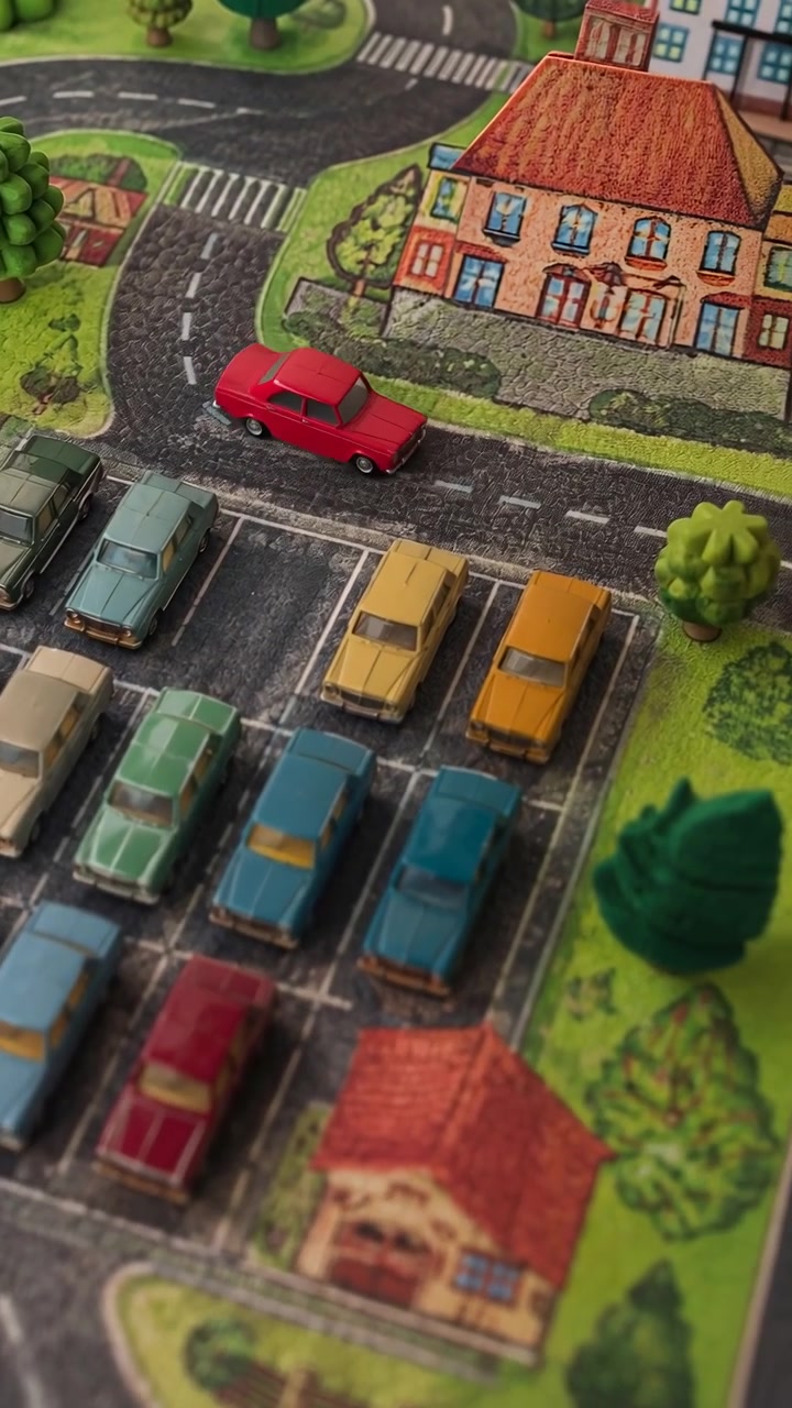 Sebuah mobil mainan merah bergerak keluar dari barisan parkir yang rapi dan berhenti miring di jalan melengkung pada alas bermain anak bergambar, sementara mobil-mobil miniatur lainnya tetap terparkir rapi di dalam kotak bertanda di dekatnya.