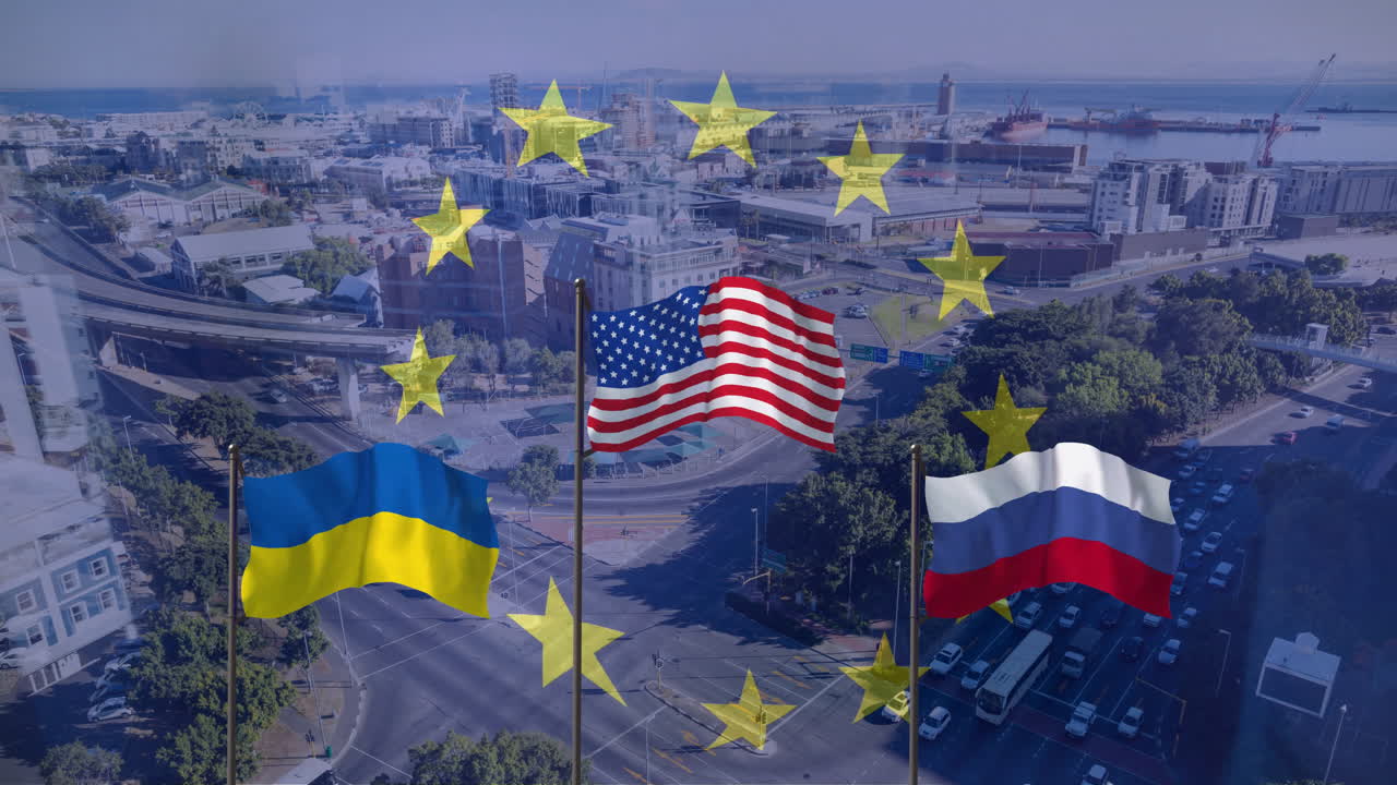 Flags of Ukraine, USA, and Russia with EU stars animation over cityscape