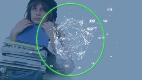 estudiantes abrazando libros con animación de procesamiento de datos a través de conexiones de red