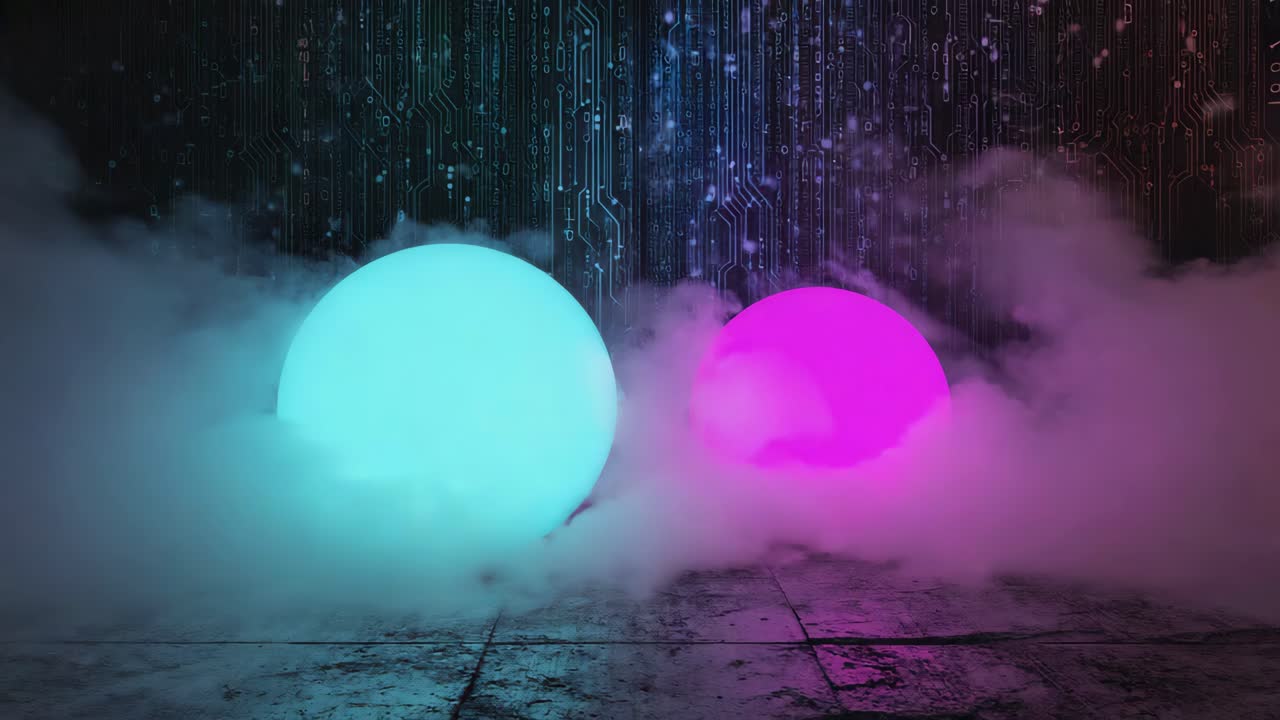 Futuristic spheres with neon light and smoke