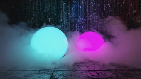 futuristic spheres with neon light and smoke