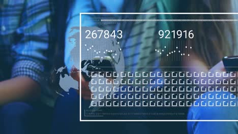 Animation-of-globe-with-data-processing-over-diverse-people-using-smartphones